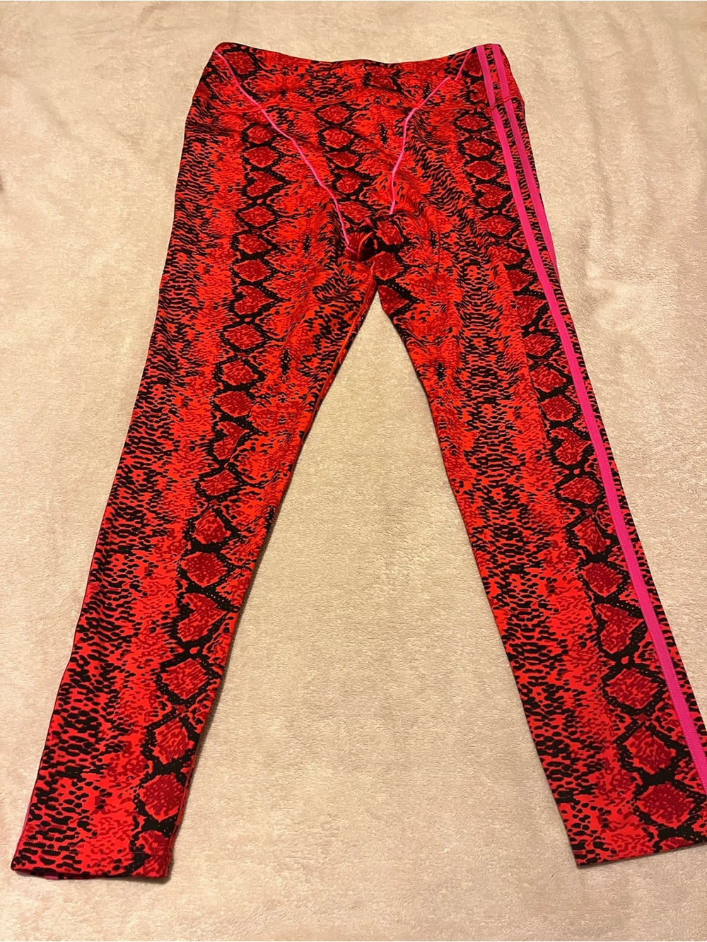 Adidas x Ivy Park Red Snake-Print Athletic Leggings with Pink Side Stripe XL